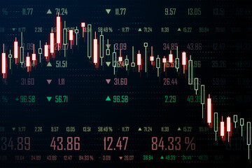 Poster - Creative glowing big data forex chart candlestick hologram on dark wallpaper. Trade, technology and finance concept. 3D Rendering.