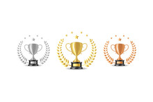 Gold Silver Bronze Trophy Cups. Game Winner Prize Cups, Goblet Prize Icons Vector Illustration With Laurel Wreaths
