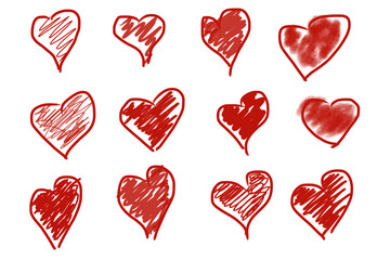 Wall Mural - Red hearts set on white background. Different style and shape.