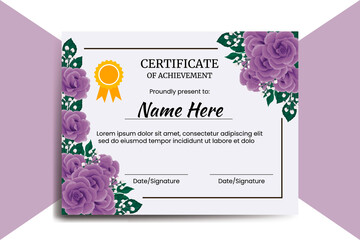 Certificate Template Purple Rose Flower watercolor Digital hand drawn