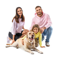 Wall Mural - Happy parents with cute little daughter and Labrador dog on white background