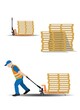 A set of vector images of moving hand pallet trucks, collecting, storing and moving empty pallets. Storage equipment. Vector illustration.
