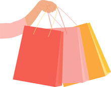 Woman's Hand Holding Three Paper Shopping Bags. White Background. Vector Illustration. Flat Style
