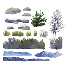 Collection Of Watercolor Plants, Stones And Mountains.