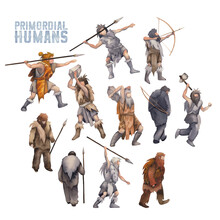 Collection Of A Watercolor Primordial Humans, Hunters And Warriors