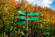 Travel signpost with several blank arrows on autumn park background. Road sign mockup