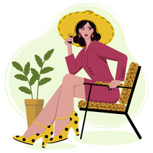 A Beautiful Girl In A Flap Sits In A Chair. Vector Flat Illustration