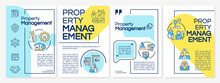 Hotels Property Management Blue And Yellow Brochure Template. Booklet Print Design With Linear Icons. Vector Layouts For Presentation, Annual Reports, Ads. Questrial-Regular, Lato-Regular Fonts Used