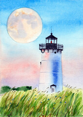 Watercolor illustration of a white lighthouse in a field with tall green grass against a pink and blue sky with a large white moon