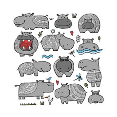 Poster - Hippopotamus collection, cute hippo character for your design