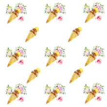 Rose Flowers Ice Cream Cone Seamless Pattern Fabric Wallpaper Background Watercolor By Hand