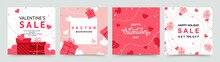 Valentine's Day Holidays Square Templates.Social Media Post With  Gift Boxes And Hearts.Sales Promotion On Valentine's Day.Vector Illustration For Greeting Card, Mobile Apps, Banner Design And Web Ads