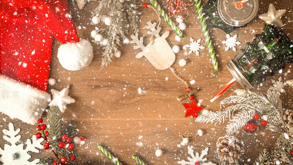 Christmas composition of Christmas decoration on Brown wooden background