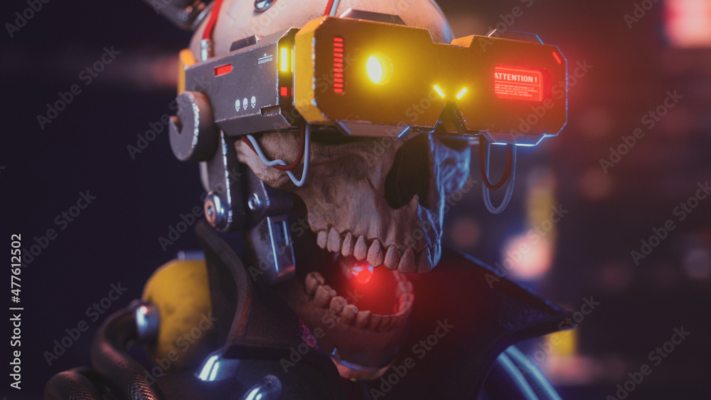 Portrait of scary cyberpunk grunge human skull with open mouth in black ...
