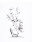 Fototapeta  - Minimalist ink sketch illustration of flowers and leaves in glass vase. Original artwork in retro style. Flowers drawn on paper. Use for wall decoration, poster, card, print. Spring botanical drawing.