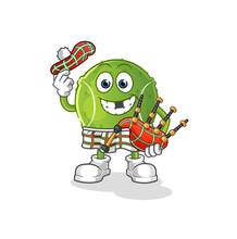 Tennis Ball Scottish With Bagpipes Vector. Cartoon Character
