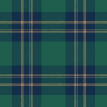 Green, Blue And Brown Tartan Plaid. Scottish Pattern Fabric Swatch Close-up. 