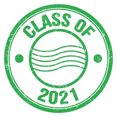 CLASS OF 2021 text on green round postal stamp sign