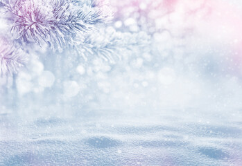 Wall Mural - Winter holiday background. Christmas landscape with snowdrifts and pine branches in the frost. Background for design and cards.