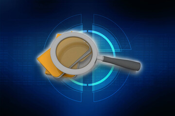 laptop folder and magnify glass 3d illustration