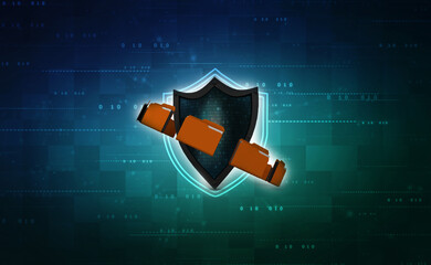 Poster - laptop folder with shield. Isolated 3d rendering image