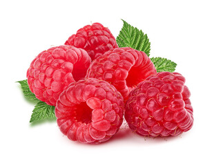 Wall Mural - Raspberry with leaves isolated on white background