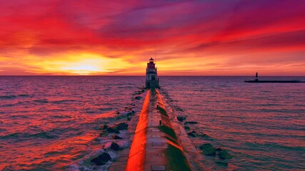 Wall Mural - Incredibly colorful, dramatic sunrise sky over Lake Michigan harbor and lighthouse moving aerial view.