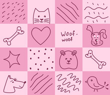 Seamless Pattern With Squares And Funny Doodle Animals. Vector Illustration.