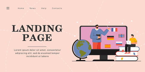 Wall Mural - tiny man learning foreign languages online. flat vector illustration. student sitting on giant books