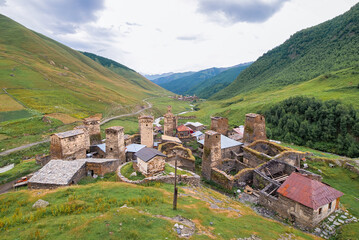 Wall Mural - Ushguli village with rock tower houses in Svaneti, Georgia. These are typical Svaneti defensive tower houses found throughout the village