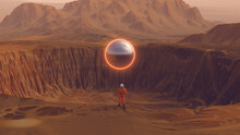 Orange Spaceman Spacewoman With Large Alien Silver Sphere Crater Arid Desert Mountain Sci Fi Astronaut Cosmonaut Landscape 3d Illustration Render