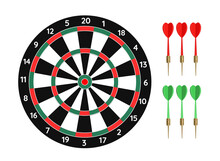 Darts Game With Green And Red Darts. Vector Illustration