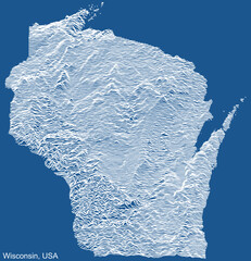 Wall Mural - Topographic technical drawing map of the Federal State of Wisconsin, USA with white contour lines on blue background