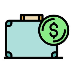 Sticker - Briefcase money donation icon. Outline briefcase money donation vector icon color flat isolated