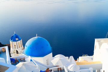 white belfries Santorini island, Greece