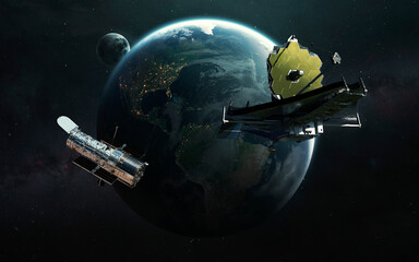 Wall Mural - Two telescopes James Webb and Hubble. JWST launch art. Elements of image provided by Nasa