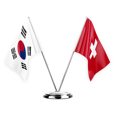 Two table flags isolated on white background 3d illustration, south korea and switzerland