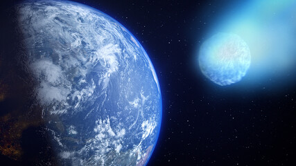 Wall Mural - asteroid, comet, meteorite glows, collision with the planet earth