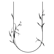 Beautiful Letter U With Leaves Or Grass Motifs. Floral Font. Botanical Alphabet. Black Silhouette On White Background.