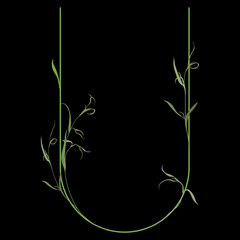 Beautiful letter U with green branches and leaves. Floral font. Artistic alphabet with botanical motifs. On black background.