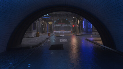 Aufkleber - View from a tunnel in a dark moody futuristic downtown urban area at night. 3D illustration.