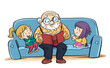 Leinwandbild Motiv Illustration of grandfather reading a book to his granddaughters on the couch