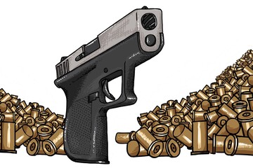 A hand sketched illustration of a semi-automatic handgun sitting among stacks of used brass ammunition.