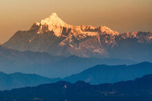 Beautiful View Of Kanchenjunga Mountain Range With First Daylight On It, At The Background, Moring Light, At Sikkim, India