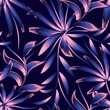 Modern abstract seamless pattern with colorful tropical bamboo leaves and beautiful blue pink plants foliage on dark background. monochromatic style. Floral background. Exotic tropics. Summer design