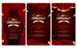 Grand opening elegant luxury banner social media stories template with red curtain, golden confetti, swirl silk.