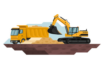 Sticker - crawler excavator filling a dump truck in a construction and mining with heavy machinery 3d