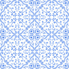Watercolor Painted Indigo Blue Damask Seamless Pattern On A Dark Blue Background. Tile With Hand Drawn Baroque Scrolls, Flowers, Leaves And Floral Ornaments