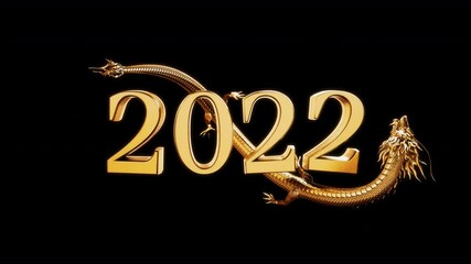 Wall Mural - gold chinese dragon 3d rendering movement loop around number text 2022 with alpha matte.