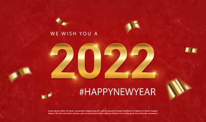 Poster - 2022 Happy New Year vector holiday on festive red background. Festive premium template for holiday, cerebration, party. Gold Numeral 2022 with glitter gold confetti and serpentine. Vector EPS10